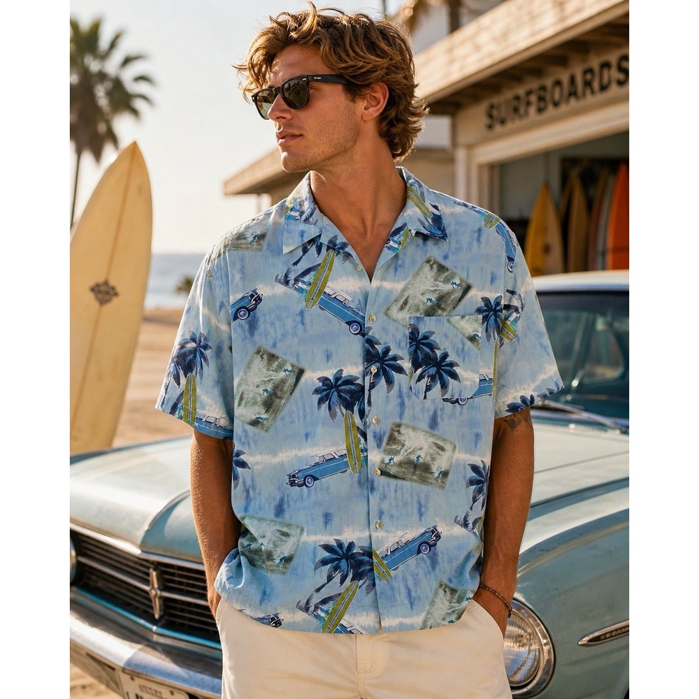 Vintage Pendleton Hawaiian Shirt XL Blue Surf Print Button Up Vacation Beach